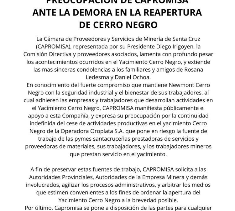 Santa Cruz: comunicado de CAPROMISA ante la demora en la reapertura de Cerro Negro